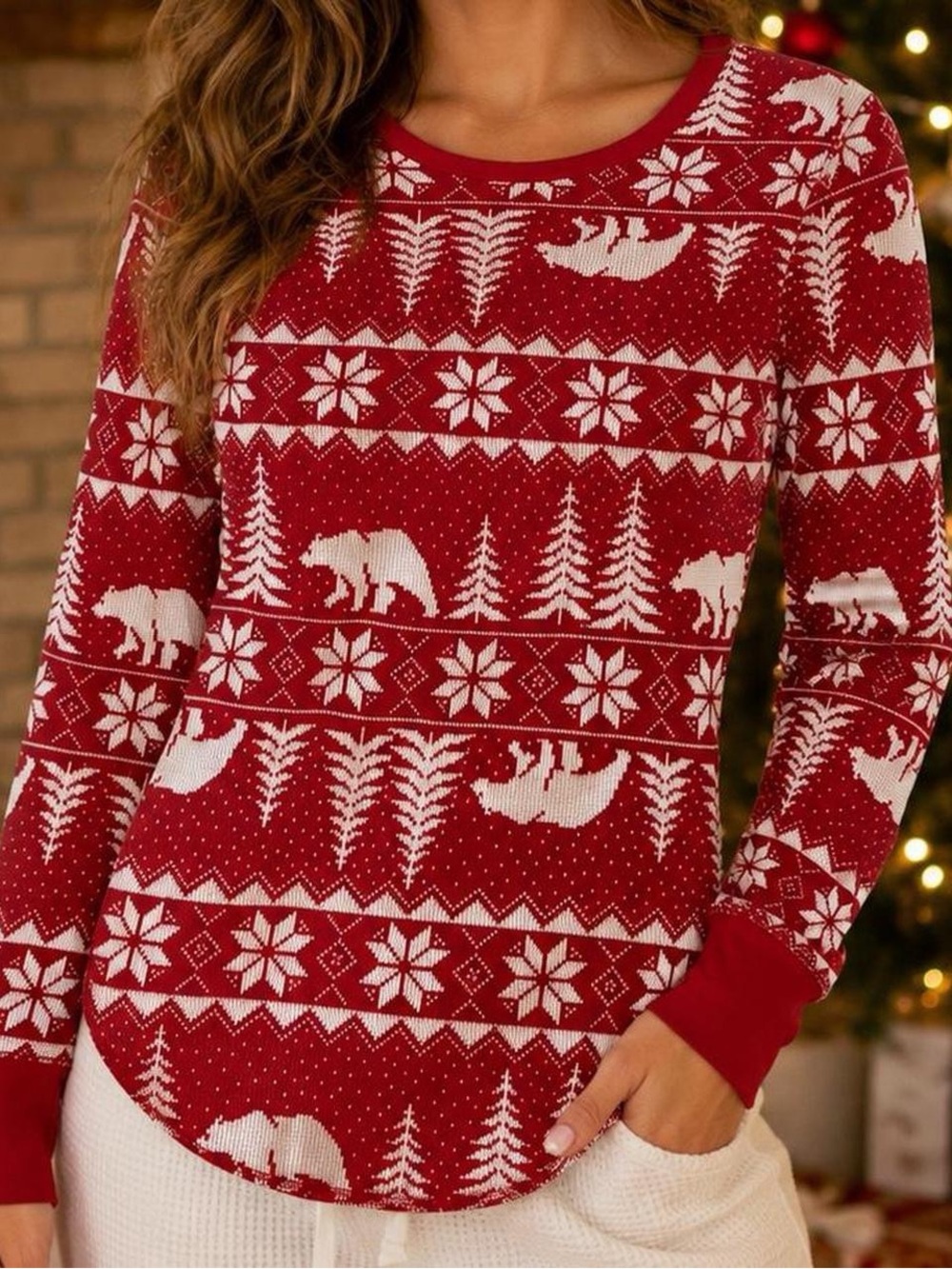 Old Navy Red & White Fair Isle Polar Bear Holiday Thermal Top Size Small